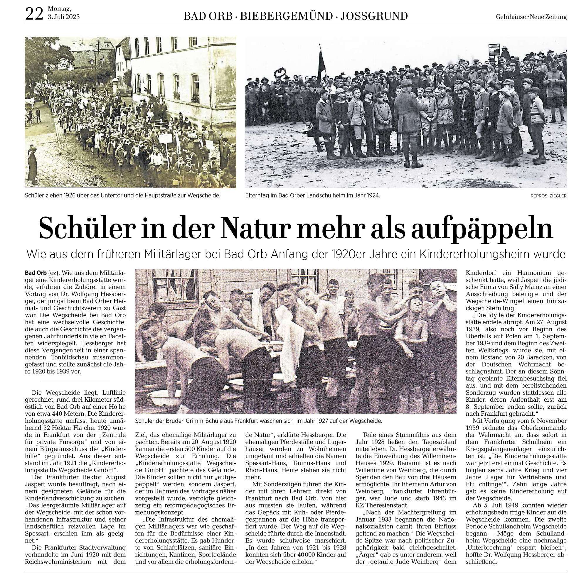 Zeitungsausschnitt: Schüler in der Natur mehr als aufpäppeln