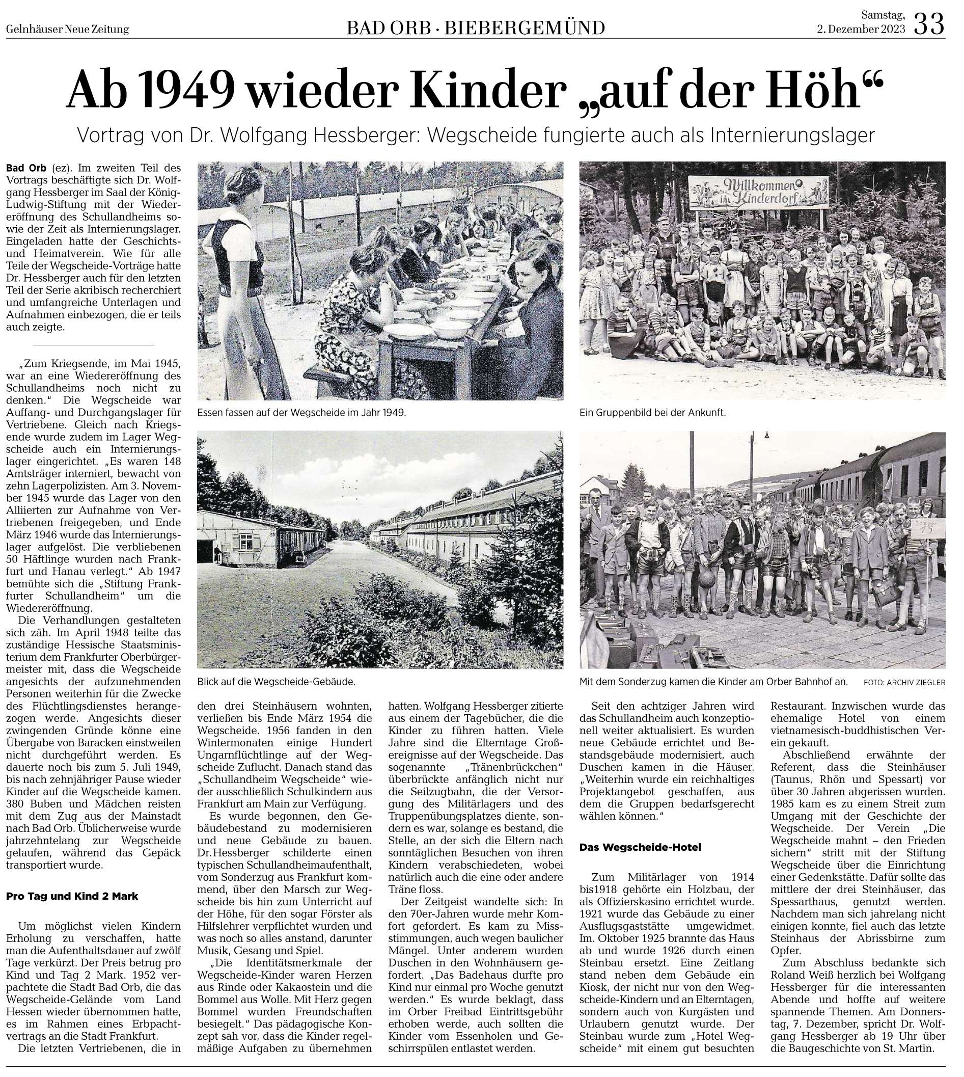 Zeitungsausschnitt: Ab 1949 wieder Kinder »auf der Höh«